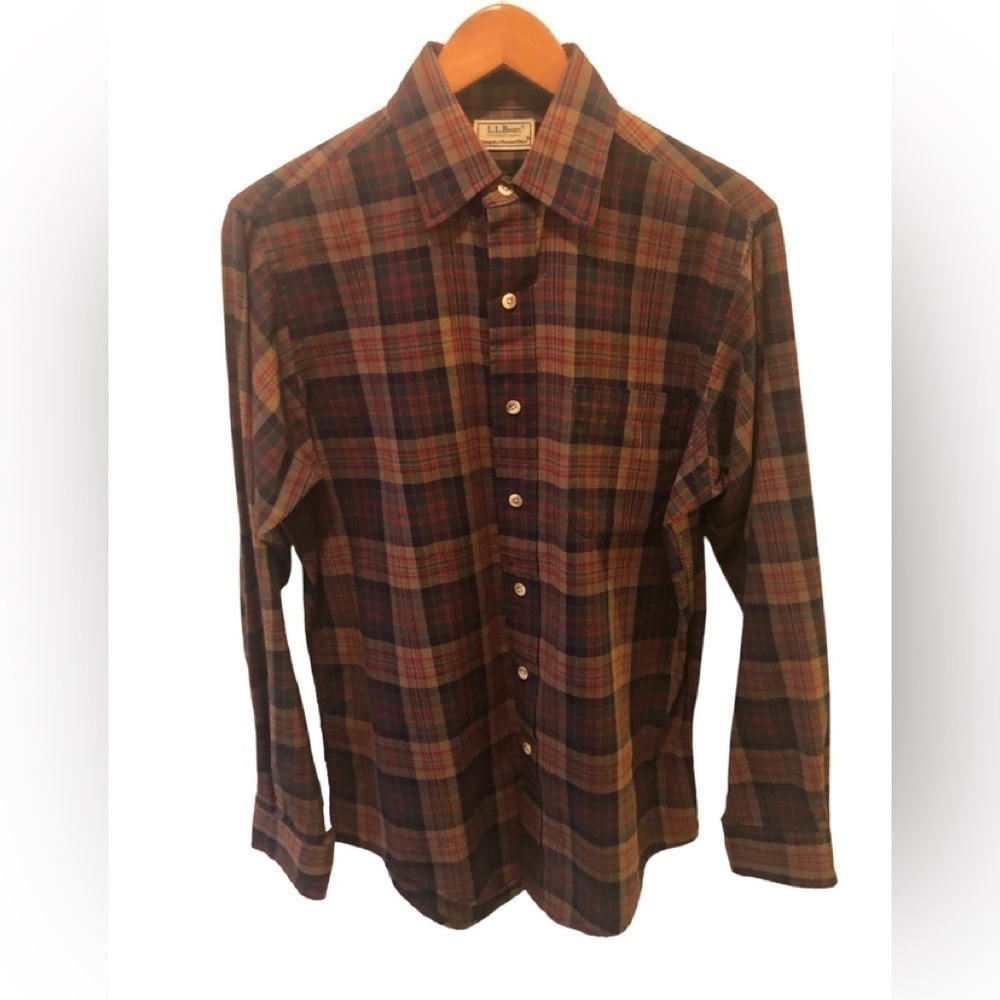 L.L. Bean Men’s Plaid Button Down Shirt Sz M Wool Blend LS  Red Brown & Navy